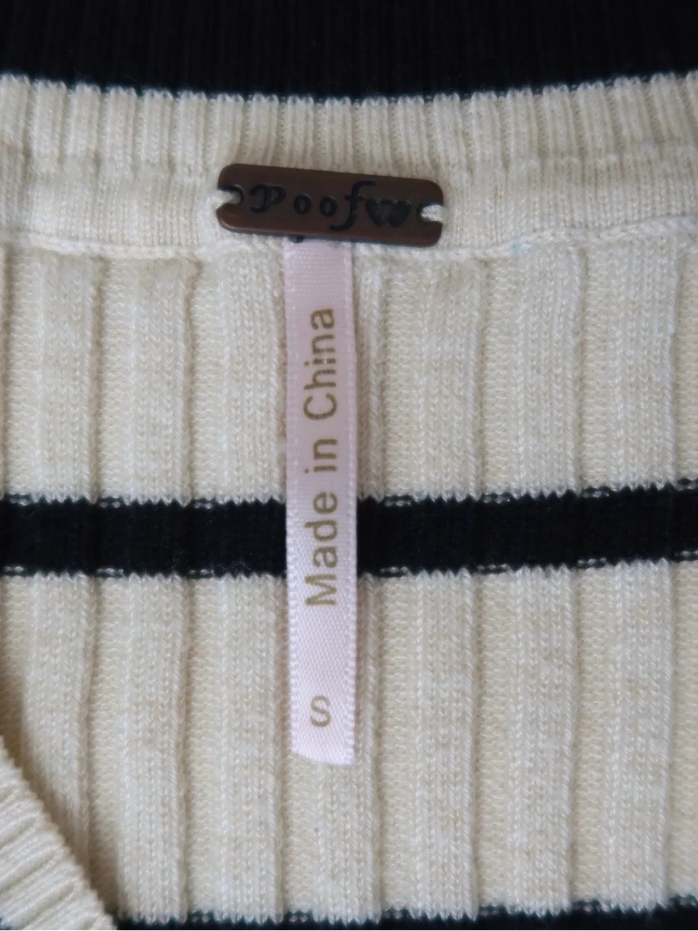 Poof White Striped Ribbed V Neck Sweater